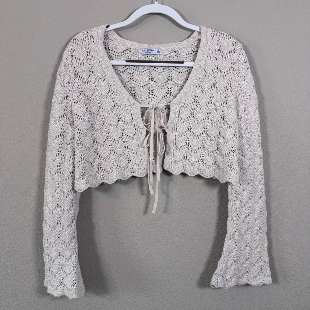 Coquette Pointelle Knit Tie Front Cropped Cardigan Shrug Bell Sleeve Cotton XL